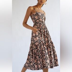 Lusana Nuuly Black Floral Midi Dress Size Medium